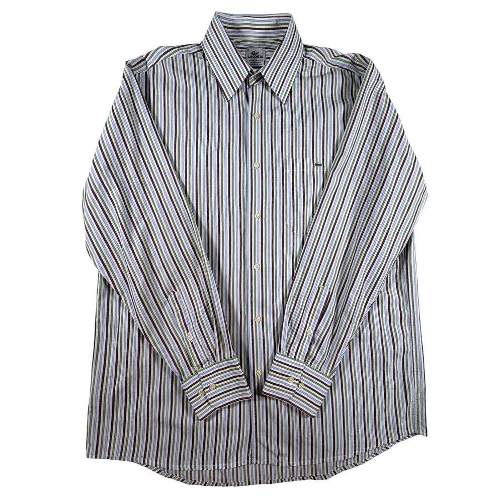 Lacoste Mens Striped Long Sleeve Button Down Shirt Green Blue Brown Size 42 L